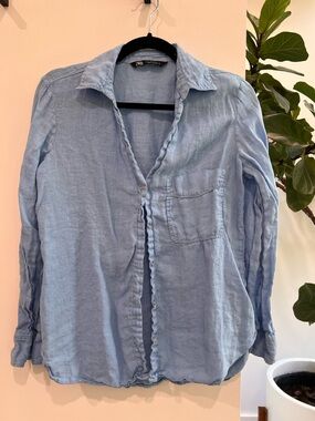 ZARA Light Blue Linen Casual Button-Down Shirt